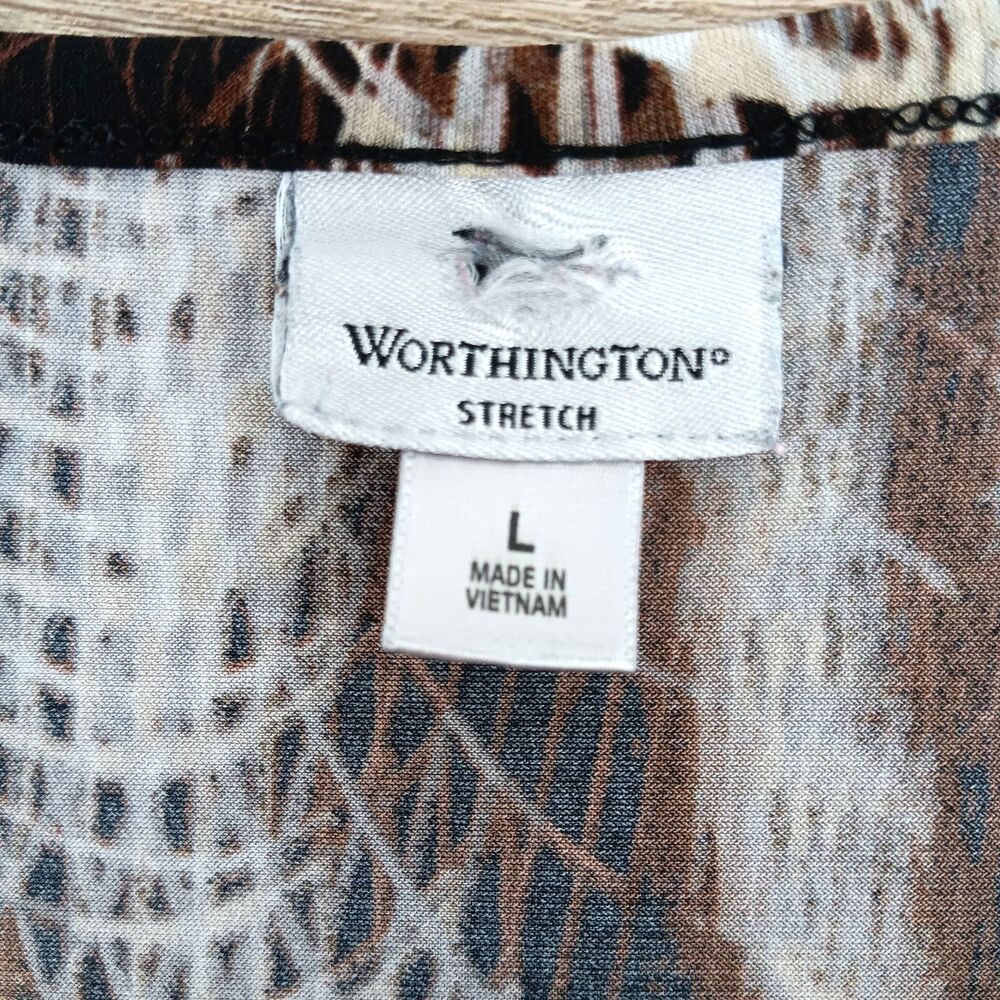 Worthington Blouse Women Large Brown Animal Print Boat Neck Short Sleeve Top - Picture 5 of 6